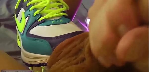  Fucks with NIKE AIR with cumshot. Foot fetish with Short Hair Blonde!